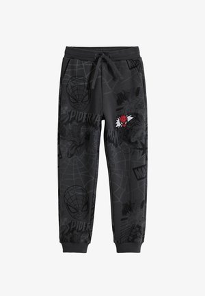 Sorte sweatpants med Spider-Man grafik, der har elastisk talje med snor og ribbede manchetter, lavet af blødt stof.