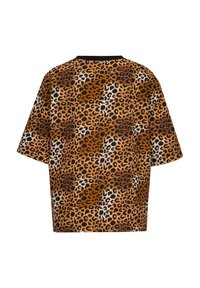 Korte mouwen shirt met luipaardprint in bruin- en zwarten tinten, met een ontspannen pasvorm en een ronde halslijn. Zachte textuur, casual ontwerp.