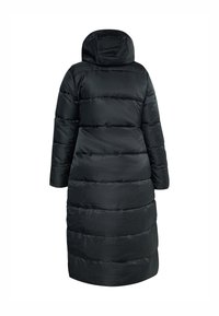 Sort pufferjakke med hætte, med et langt, quiltet design. Glat tekstur, brede ærmer og lige bundkant.