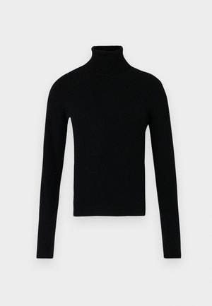 Maglione nero a maniche lunghe con collo alto, polsini e orlo a coste, esposto su uno sfondo bianco uniforme.