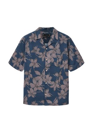 Marineblauw overhemd met korte mouwen, knoopsluiting, grijs bloemmotief en een borstzak aan de voorkant.