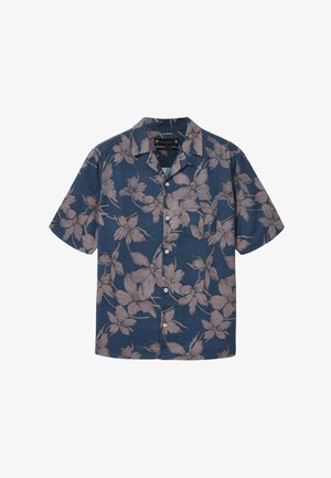 Granatowa koszula na krótki rękaw z guzikiem, ozdobiona szarym kwiatowym wzorem i przednią kieszenią na piersi.
