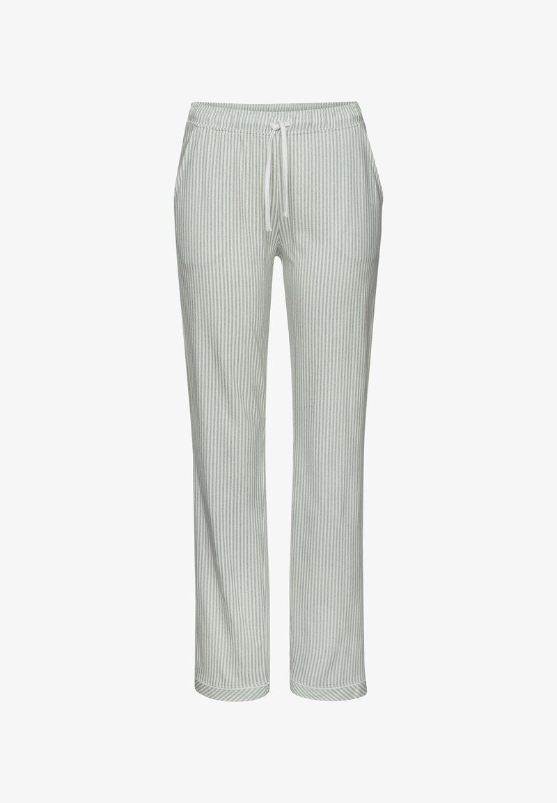 Pantalon rayé vert clair avec taille élastique et cordon de serrage, offrant une coupe ample et une texture douce. Conçu pour le confort et la liberté de mouvement.