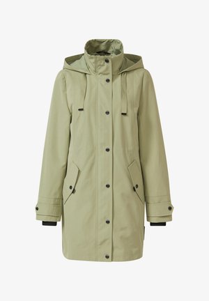 Imperméable à capuche vert clair avec boutons-pression à l'avant, cordons de serrage, poches à rabat avec boutons, et poignets ajustables.