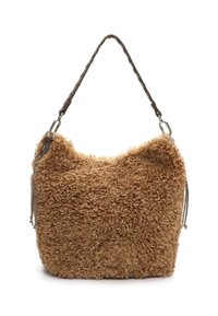 Brūnas ādas nagu līdzīgs rokassomu ar teksturētu, cirtainu virsmu, papildināta ar austu plecu siksnu un sudraba aparatūras akcentiem.