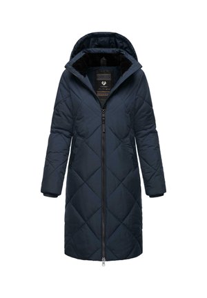 Navy blue quilted long coat with a hood, featuring a front zip closure, side pockets, and a soft lining. Elegant diamond pattern stitching.