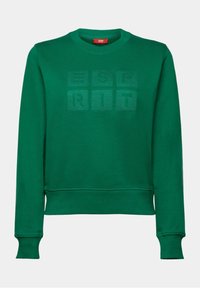 Sudadera verde hecha de material suave, con cuello redondo y puños acanalados. Logo en relieve de un verde más oscuro en la parte delantera.