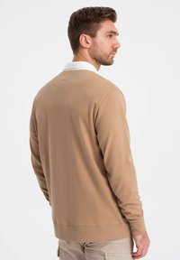 Beiger Pullover mit weißem Kragen, weicher Textur, langen Ärmeln, gerippten Bündchen und Saum, mit einem schlichten, klaren Design.