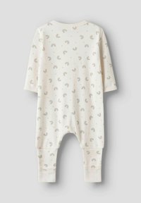 Weißer Baby-Overall mit einem wiederholten Regenbogen- und Punktmuster. Mit langen Ärmeln, umgeschlagenen Knöcheln und rundem Halsauschnitt. Aus weichem Stoff.