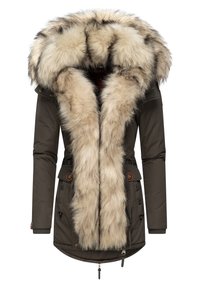 Olivově zelená zateplená parka s velkým límcem z béžového umělého kožíšku. Má zip a knoflíky, elastické manžety a nastavitelný pas.