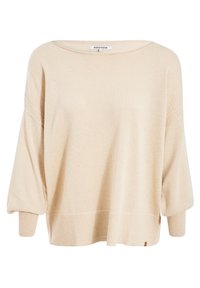 Beige yliu oversized neule, jossa on roikottavat olkapäät, puhalletut hihat, ribattu hihansuu ja helma sekä hienovarainen koristeellinen tikkaus hihoissa.