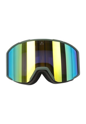 Skibriller med en grøn ramme og multifarvet spejlobjektiv, der har en blød skumindvendig for komfort og et slankt, moderne design.