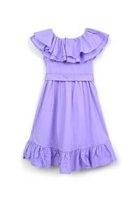 Lila Kleid aus Baumwolle mit Volant-Schultern, tailliertem Schnitt und ausgestellt Rock mit Rüsche am Saum. Zwei Knöpfe in der Taille.