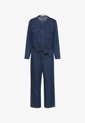Dark denim jumpsuit with long sleeves, front zip, two chest pockets, adjustable waist tie, and wide leg design.