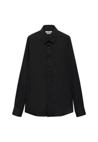 Cămașă neagră cu mâneci lungi, fabricată dintr-un material neted, având un guler clasic, deschidere completă cu butoane și manșete cu butoane. Design cu croi regular.