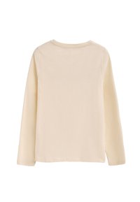 Helles beige Langarmshirt aus weicher Baumwolle. Hat einen runden Halsausschnitt und ein einfaches Design ohne Muster oder Akzente.