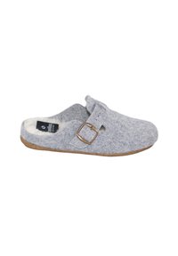 Zapatilla gris de feltro con suela de corcho, una correa ajustable con un hebilla de bronce y un suave forro blanco.
