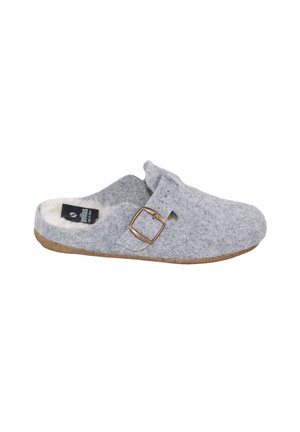 Zapatilla gris de feltro con suela de corcho, una correa ajustable con un hebilla de bronce y un suave forro blanco.