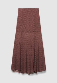 Burgundy lace skirt with a floral pattern, mid-length, flared design, featuring a textured surface and a scalloped hem.