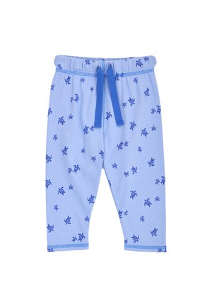 Lichtblauwe babybroek met donkerblauw schildpaddenpatroon en bijpassend blauw trekkoord in de elastische tailleband.