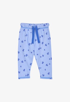 Lichtblauwe babybroek met donkerblauw schildpaddenpatroon en bijpassend blauw trekkoord in de elastische tailleband.