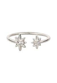 Silberring mit zwei sternförmigen Designs und kleinen klaren Edelsteinen. Der Ring ist schlicht und glatt, was die zentralen Akzente betont.