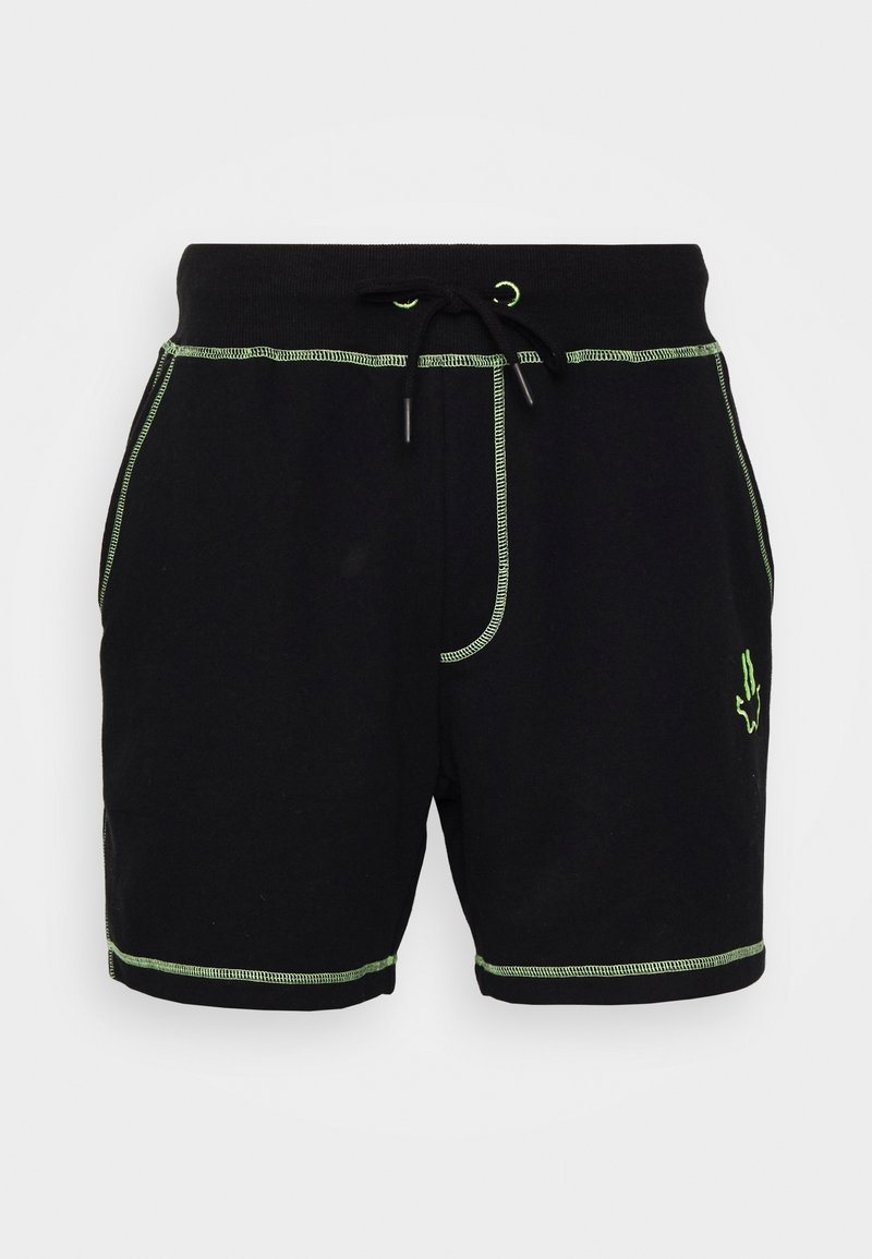 Shorts noirs en coton avec une taille à cordon de serrage. Ils présentent des coutures vertes et un petit logo vert sur le côté inférieur gauche.