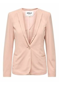 Světle růžový blazer s jedním knoflíkem, klopovými límci a dvěma bočními kapsami, s minimalistickým designem.