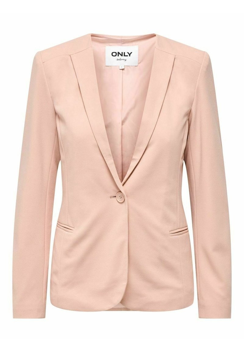 Světle růžový blazer s jedním knoflíkem, klopovými límci a dvěma bočními kapsami, s minimalistickým designem.