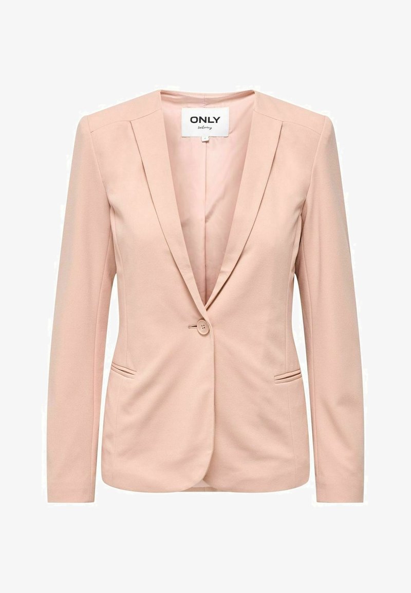 Světle růžový blazer s jedním knoflíkem, klopovými límci a dvěma bočními kapsami, s minimalistickým designem.