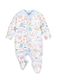 White baby onesie with colorful beach-themed prints, including rainbows, sun, ice cream, stars, and letters, fastened with light blue snaps.