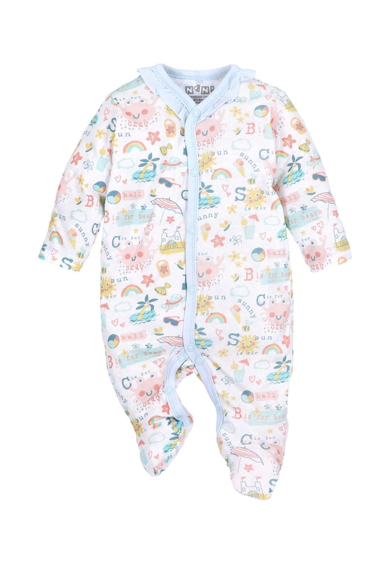 White baby onesie with colorful beach-themed prints, including rainbows, sun, ice cream, stars, and letters, fastened with light blue snaps.
