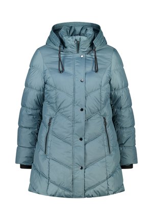 Manteau d'hiver matelassé turquoise avec capuche, présentant des coutures en chevron, des boutons pression, des poches latérales zippées et des poignets élastiques.