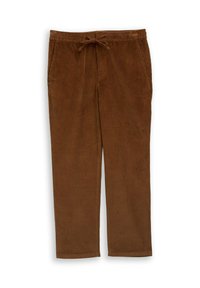 Bruine corduroy broek met een tailleband met trekkoord, twee zijzakken en een gestructureerde stof met verticale strepen. Rechtoe-rechtaan pasvorm.