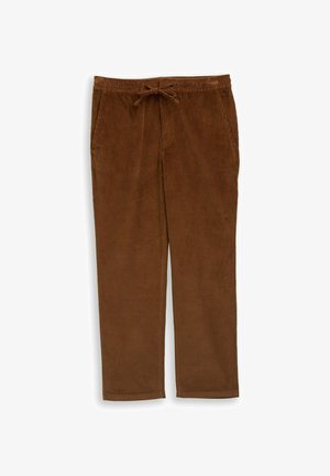 Pruunid sügava veluuriga püksid, millel on paelael, kaks külgpocketit ja tekstureeritud kangas, millel on vertikaalsed triibud. Sirged sääred.