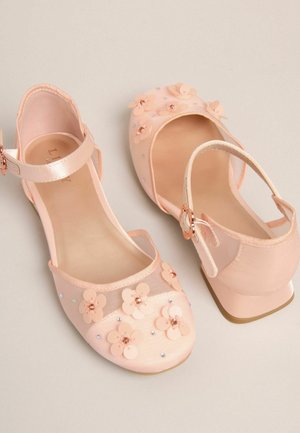 Rožinės baleto bateliai su gėlių aplikacijomis, tinklelio akcentais ir mažais kristaliukais. Turi dirželį su metaline sagtimi ir žemą kulną.