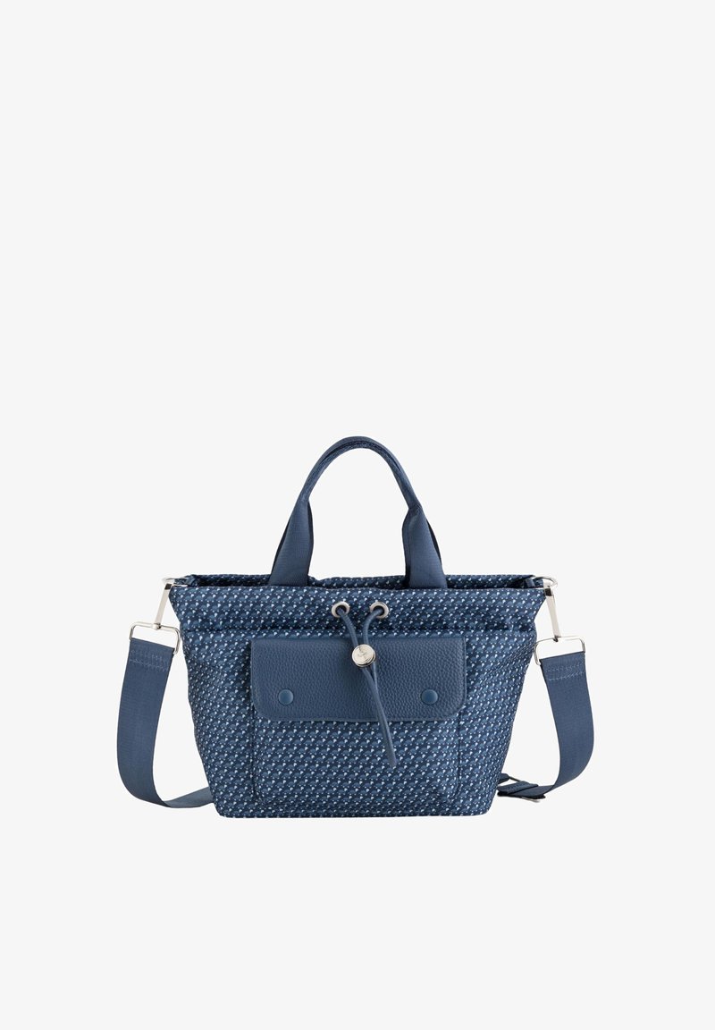 Marineblaue Tasche aus strukturiertem Stoff, mit Obergriffen, einem abnehmbaren Schultergurt und einer Fronttasche mit Knopfverschluss. Verfügt über Hardware in Silberoptik.