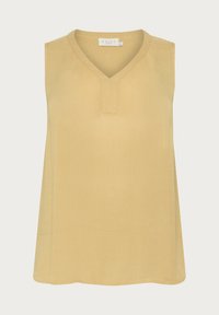 Top amarillo sin mangas con escote en V y una textura sutil. Corte recto sin adornos, que ofrece un diseño suave y minimalista.