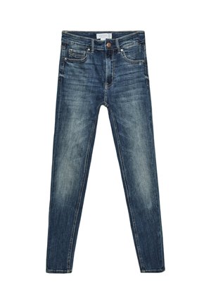 Slim-fit blauwe denim jeans met een verwaste look, vijf-pocket ontwerp en een enkele knoopsluiting. Bevat zichtbare stiksels en metalen klinknagels.