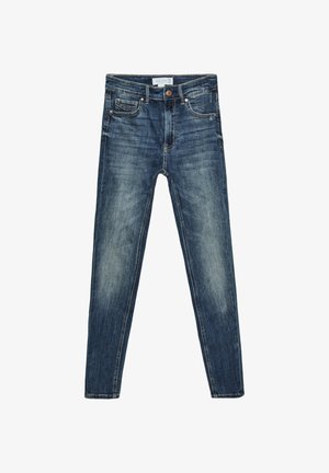 Slim-fit blauwe denim jeans met een verwaste look, vijf-pocket ontwerp en een enkele knoopsluiting. Bevat zichtbare stiksels en metalen klinknagels.