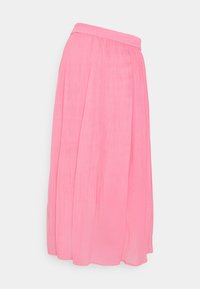 Falda midi plisada rosa hecha de tejido ligero con una textura suave, que presenta una cinturilla elástica y un diseño fluido.