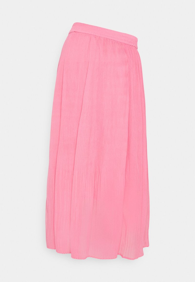 Falda midi plisada rosa hecha de tejido ligero con una textura suave, que presenta una cinturilla elástica y un diseño fluido.