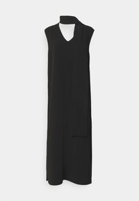 Μαύρο αμάνικο φόρεμα με V-neck και προσαρτημένη λεπτομέρεια φουλάρι, φτιαγμένο από λείο ύφασμα, με κανονική γραμμή και πλαϊνές σχισμές.