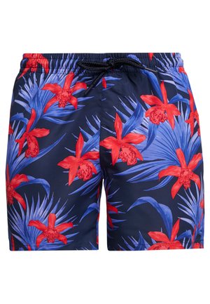 Shorts de bain avec un fond bleu foncé ornés de grands motifs floraux rouges et bleus. Taille élastique avec cordon de serrage réglable.