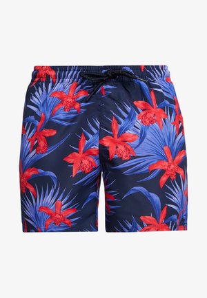 Shorts de bain avec un fond bleu foncé ornés de grands motifs floraux rouges et bleus. Taille élastique avec cordon de serrage réglable.