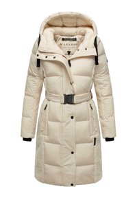 Beige pufferjacka med kviltat mönster, överdimensionerad huva, svarta detaljer, justerbart bälte och sidofickor, med mjuka texturerade sidor.