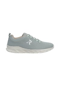 Light grey athletic shoes with a textured mesh upper, cream accents, and a cushioned white sole. Features matching laces and logo.