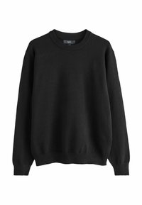 Černý svetr s kulatým výstřihem, vyrobený z pleteniny, s ribbovaným výstřihem a manžetami. Jednoduchý design bez vzorů či dalších detailů.