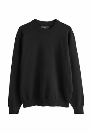 Black pullover sweater, made of knit fabric, featuring a ribbed crew neckline and cuffs. Simple design with no patterns or additional details.