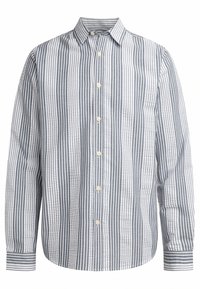 Camisa de botones a rayas en azul claro y blanco, con un collar clásico, mangas largas y un corte holgado, hecha de una tela de algodón texturizada.